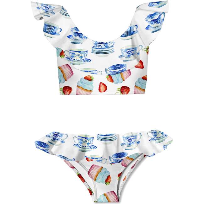Tea Cup and Cake Print Ruffle Bikini, White/Multicolors