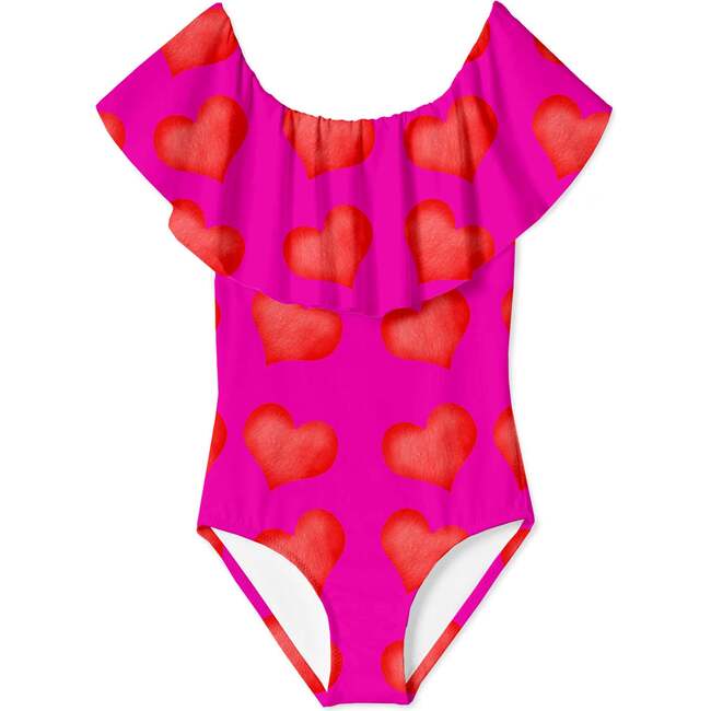 Hearts Print Draped Swimsuit, Pink/Red