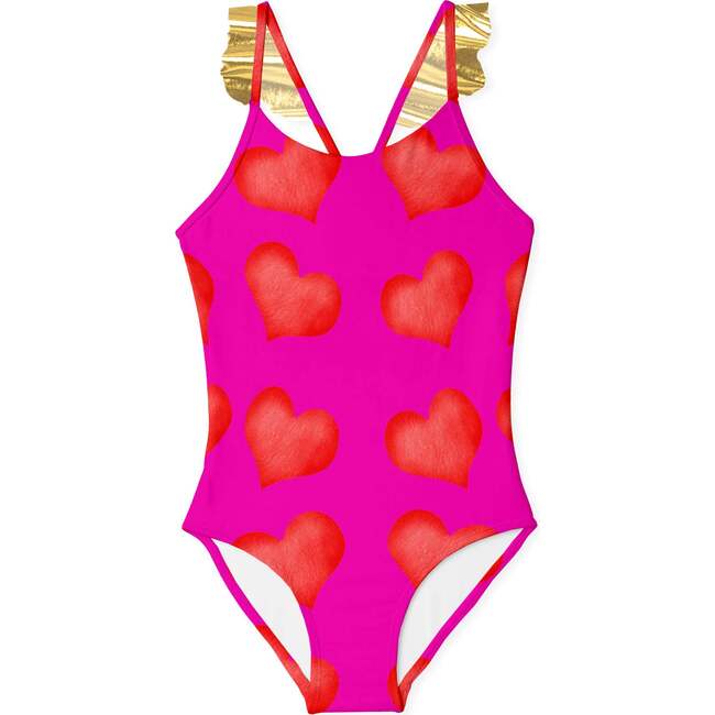 Heart Print Bathing Suit, Pink/Red - One Pieces - 1