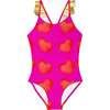 Heart Print Bathing Suit, Pink/Red - One Pieces - 1 - thumbnail