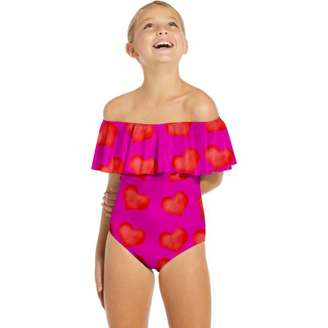 Hearts Print Draped Swimsuit, Pink/Red - One Pieces - 2