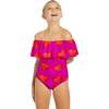 Hearts Print Draped Swimsuit, Pink/Red - One Pieces - 2