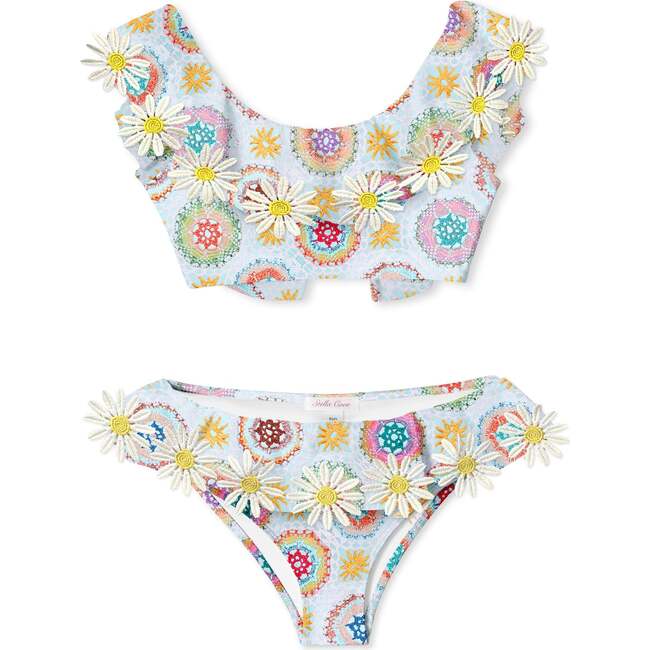 Crochet Print Bikini with Daisies, Multicolors - Two Pieces - 1