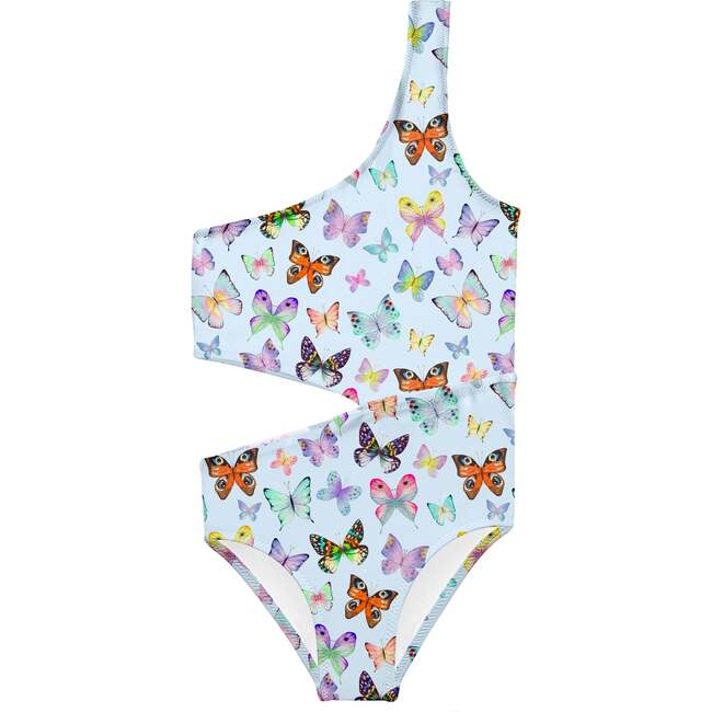 Butterfly Side Cut Bathing Suit, Blue/Multicolors - One Pieces - 1