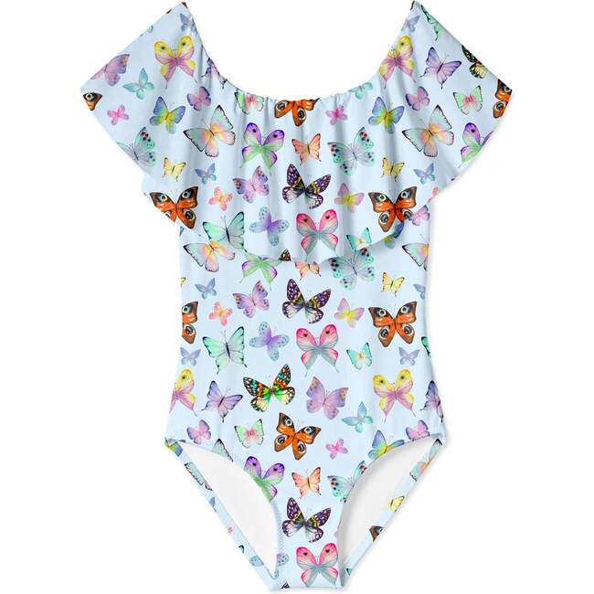 Butterfly Print Drape Swimsuit, Blue/Multicolors - One Pieces - 1