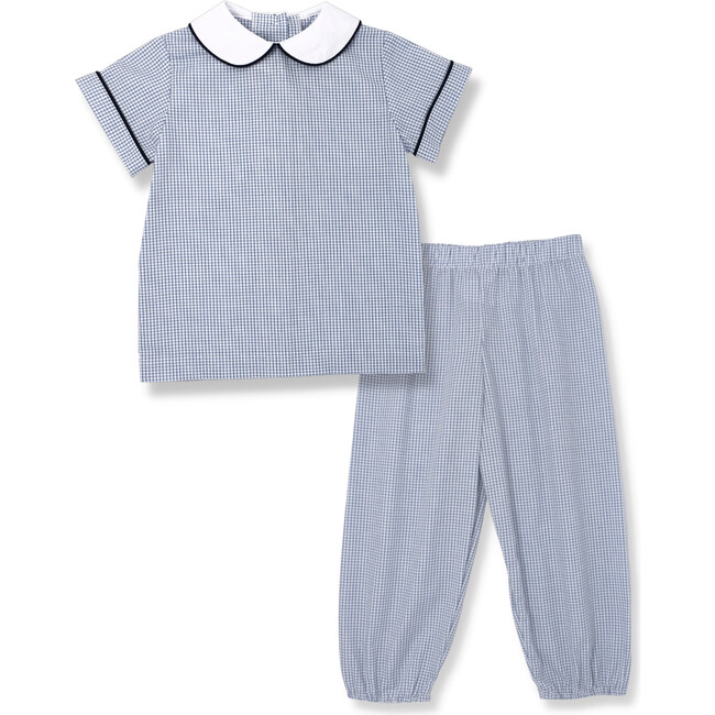 Sibley Gathered Pant Set, Blue White Plaid - Two Pieces - 1