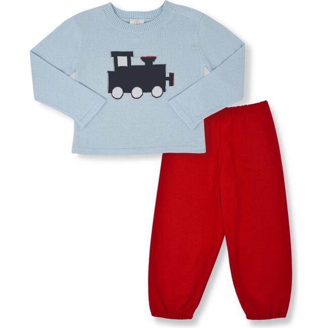 Cozy Up Knitted Train Sweater Gathered Set, Blue Red