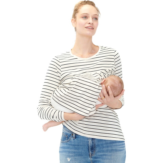 The Women's Longsleeve Nursing Tee, Black/White Stripe - T-Shirts - 1