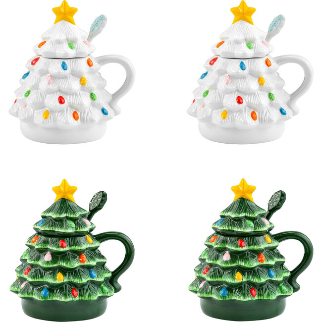 Nostalgic Tree Mugs with Lid & Spoon, Green and White Set of 4 - Tabletop - 1