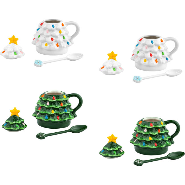 Nostalgic Tree Mugs with Lid & Spoon, Green and White Set of 4 - Tabletop - 2