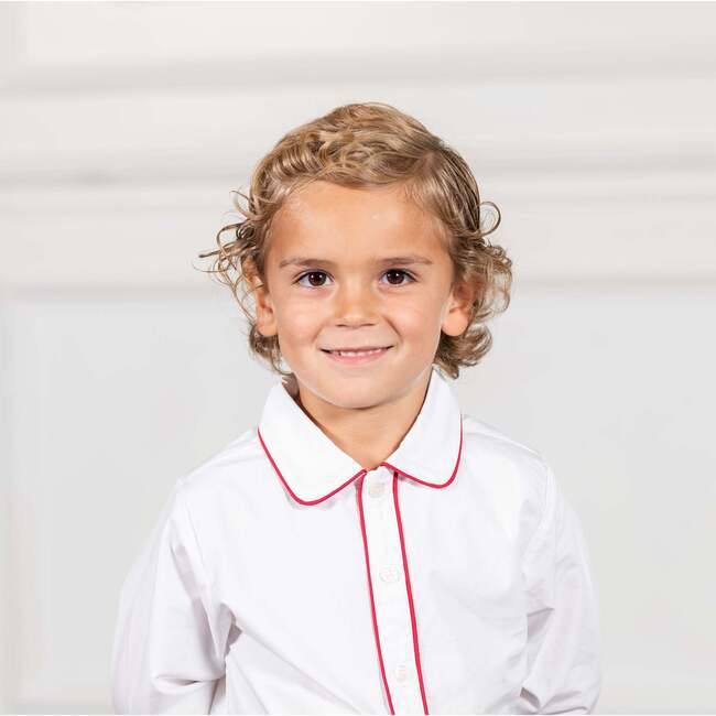 Long Sleeve Brendan Button Up, White with Oxford Red Trim