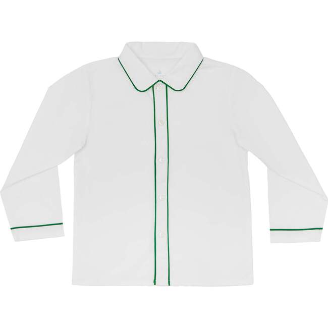 Long Sleeve Brendan Button Up, White with Grafton Green Trim