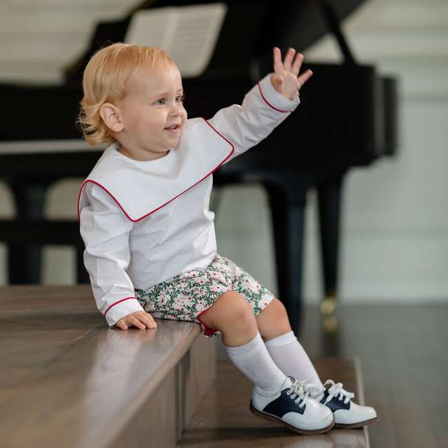 Long Sleeve Barrett Bib Shirt, White with Oxford Red Trim - Shirts - 2