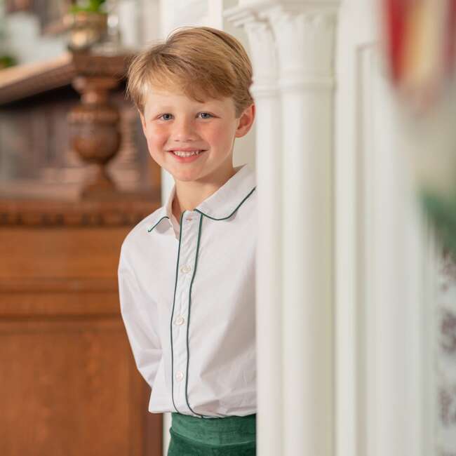 Long Sleeve Brendan Button Up, White with Grafton Green Trim - Shirts - 3