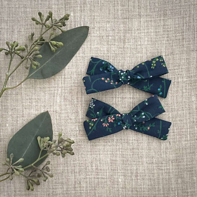 Skinny Ribbon Pigtail Bows, Liberty of London Blue Wildflowers