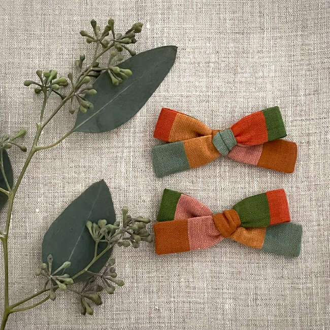 Skinny Ribbon Pigtail Bows, Woven Stripes