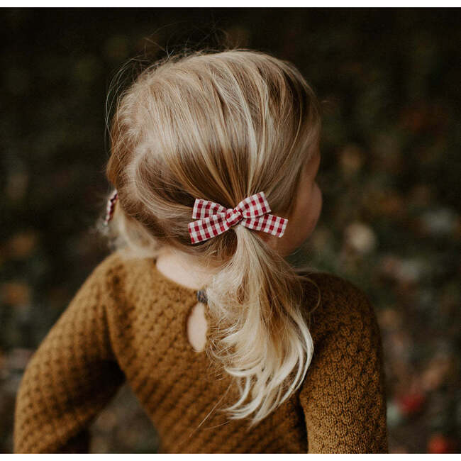 Skinny Ribbon Pigtail Bows, Cranberry Check