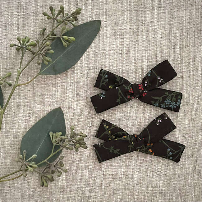 Skinny Ribbon Pigtail Bows, Liberty Brown Wildflowers