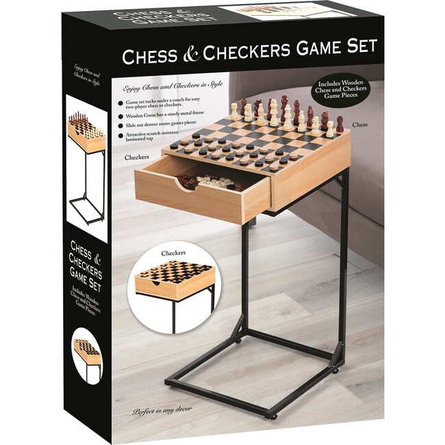Wooden Chess & Checkers Game Set with Metal Stand