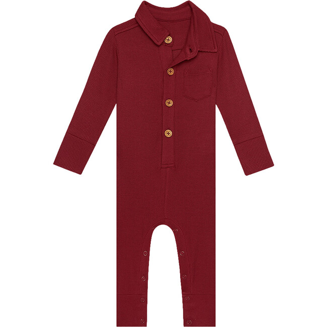 Long Sleeve Collared Henley Long Romper, Maroon Waffle - Rompers - 1