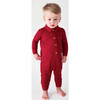 Long Sleeve Collared Henley Long Romper, Maroon Waffle - Rompers - 2