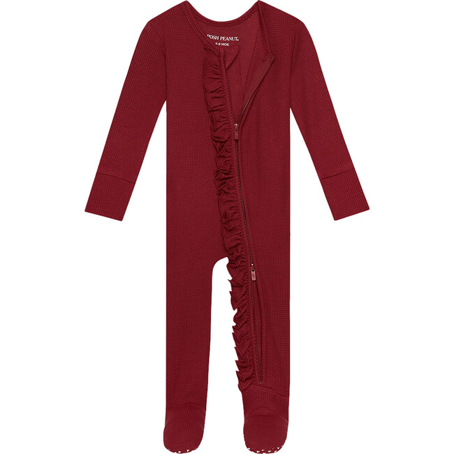Footie Ruffled Zippered One Piece, Maroon Waffle