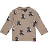 Long Sleeve Raccoon Print Shirt, Taupe - Shirts - 1 - thumbnail