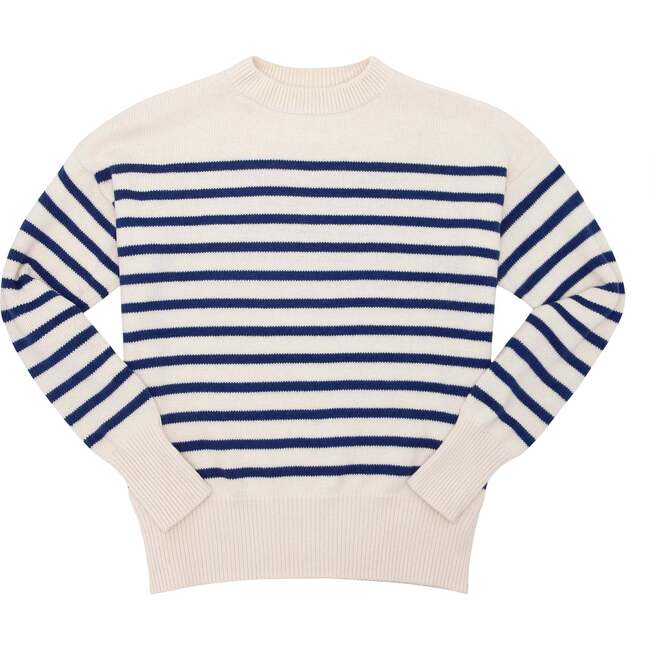 Women's Knit Sweater, Cream/Breton Stripes - Sweaters - 1