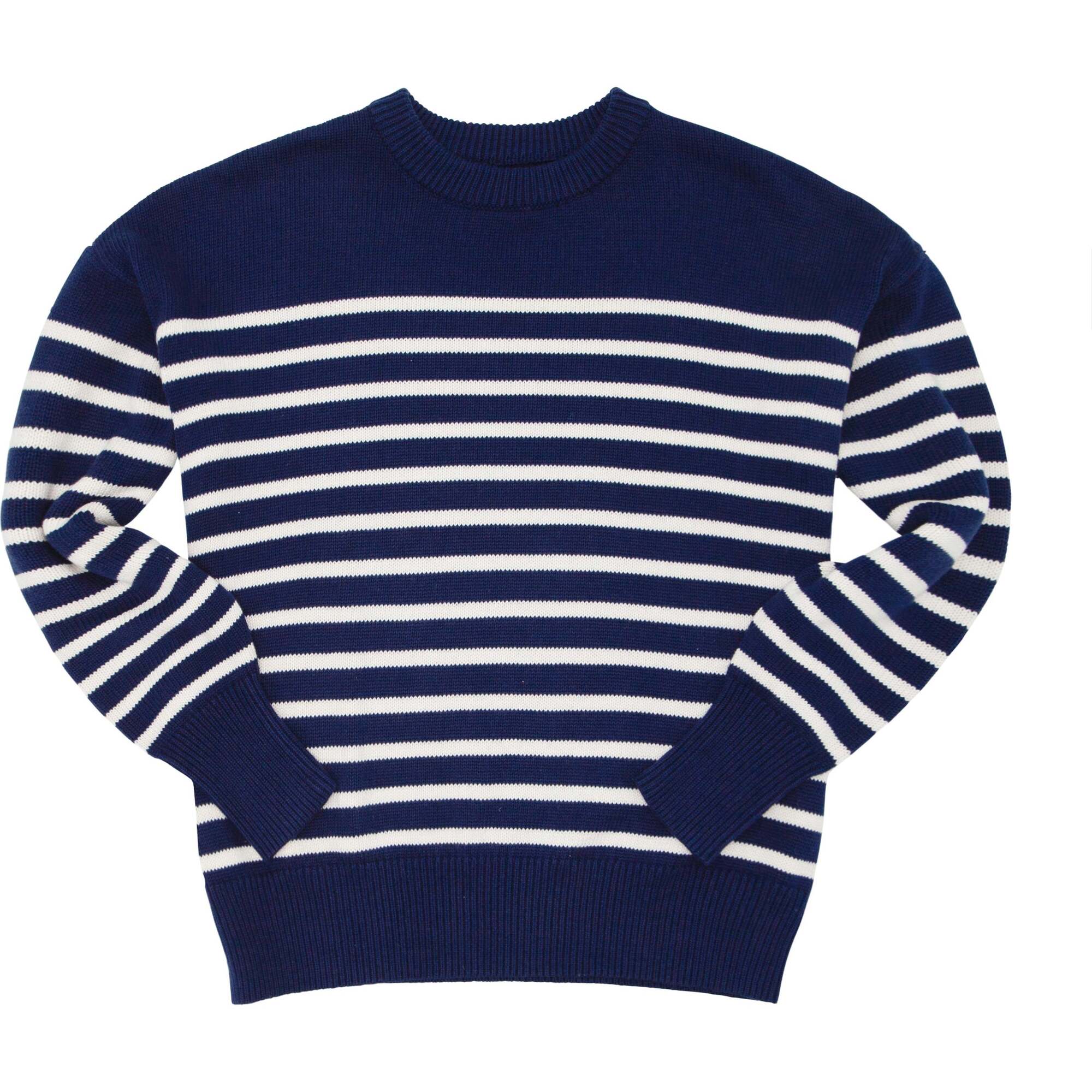 Women's Knit Sweater, Navy/Cream Stripes - Sweaters - 1
