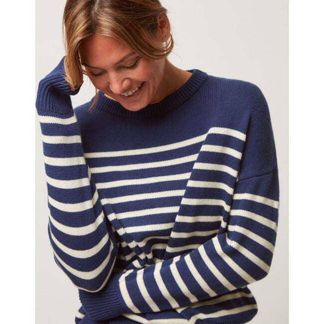 Women's Knit Sweater, Navy/Cream Stripes - Sweaters - 4