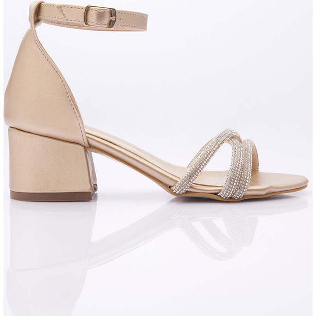Triple Rhinestone Strap Heels, Gold - Dress Shoes - 2