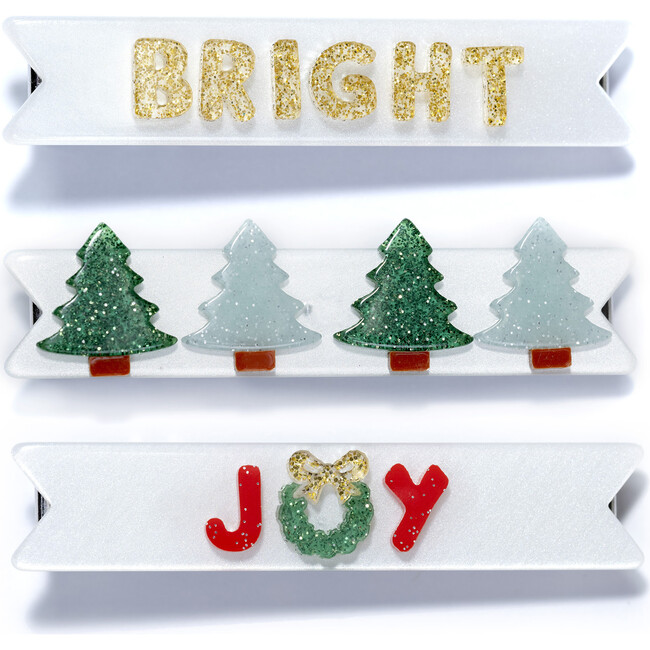 Three Combo Christmas Joy Satin Alligator Clips, White - Hair Accessories - 1