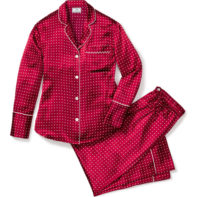 Women's Silk Polka Dots Pajama Set, Bordeaux - Pajamas - 1
