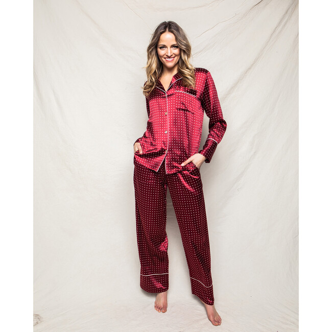 Women's Silk Polka Dots Pajama Set, Bordeaux
