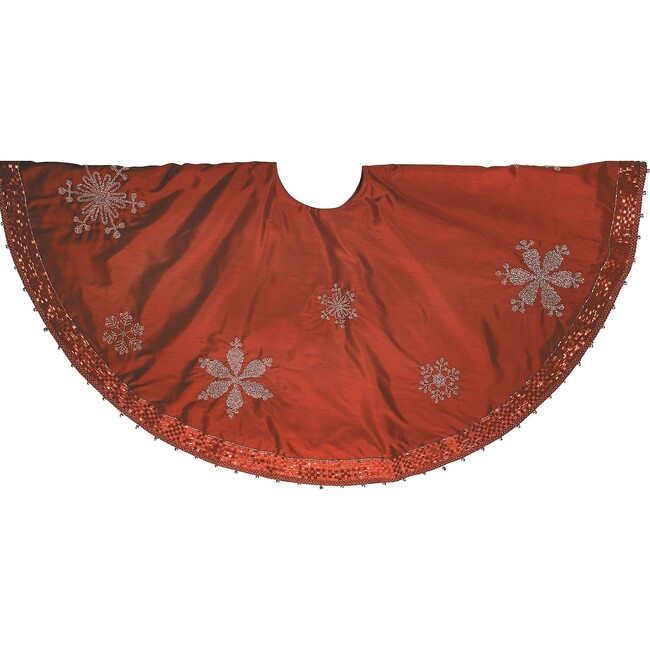 Red Silk Christmas Tree Skirt with Silver Beaded Snowflakes - Tree Skirts - 1