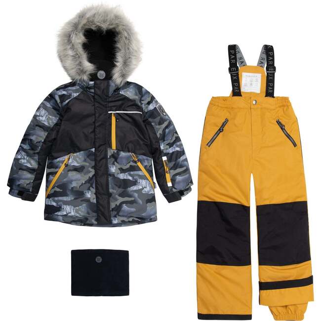 Two Piece Snowsuit, Khaki And Camo And Golden Yellow