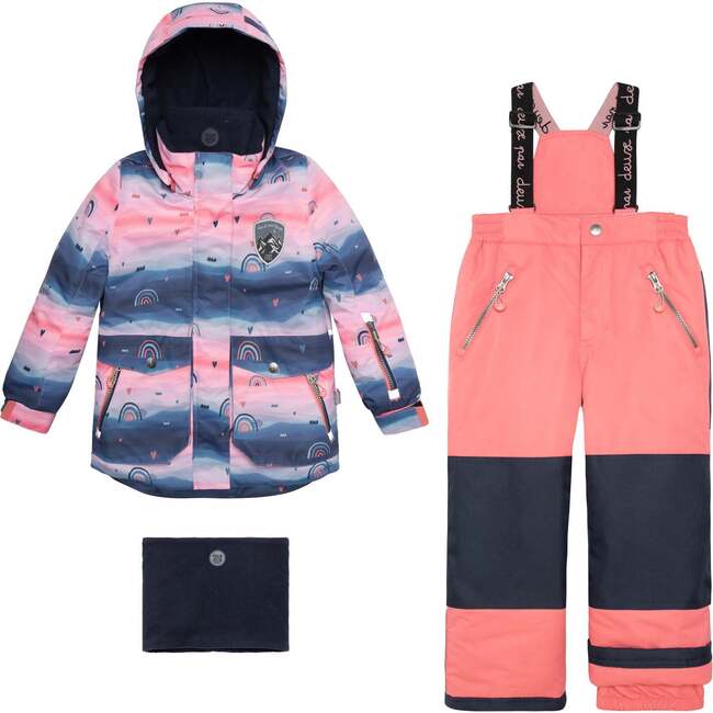 Printed Rainbow Two Piece Snowsuit, Coral Pink And Navy Blue