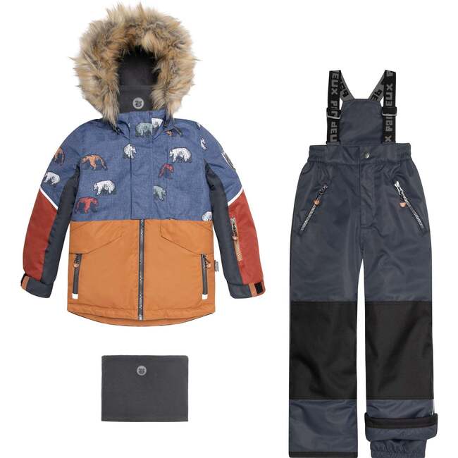 Printed Grizzlys Two Piece Snowsuit, Navy Blue Brown And Dark Grey - Snowsuits - 1