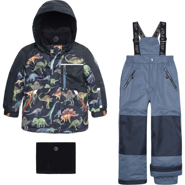 Printed Dinosaurs Two Piece Snowsuit, Black And Steel Blue