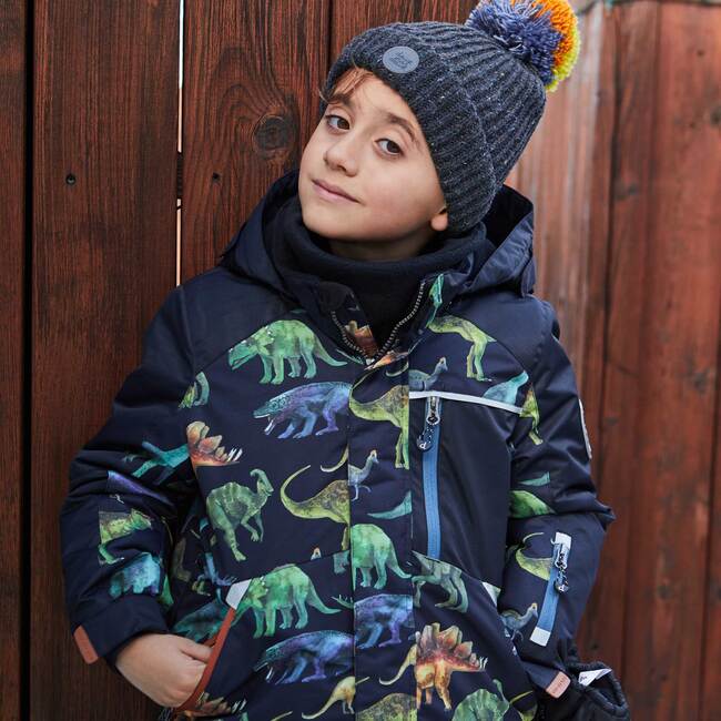 Printed Dinosaurs Two Piece Snowsuit, Black And Steel Blue