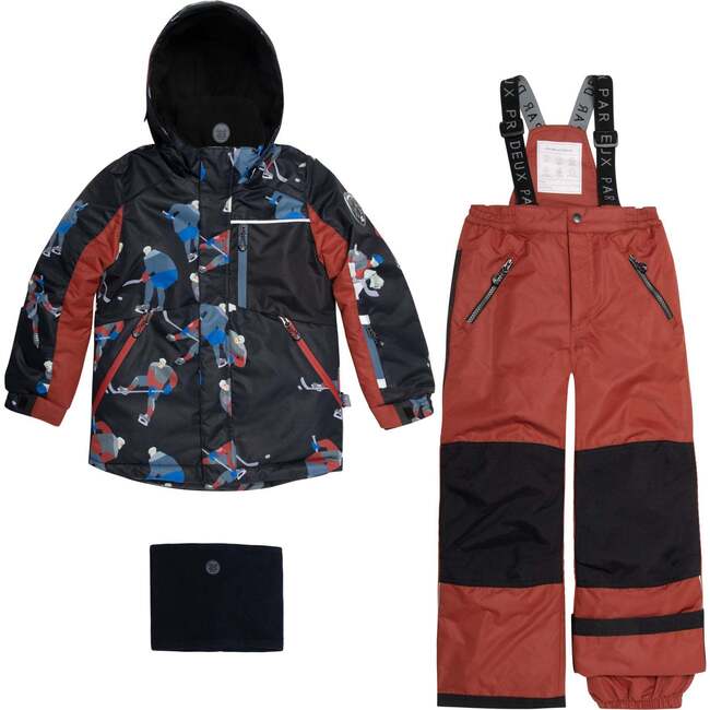 Two Piece Snowsuit Printed Hockey Players, Black And Red - Snowsuits - 1
