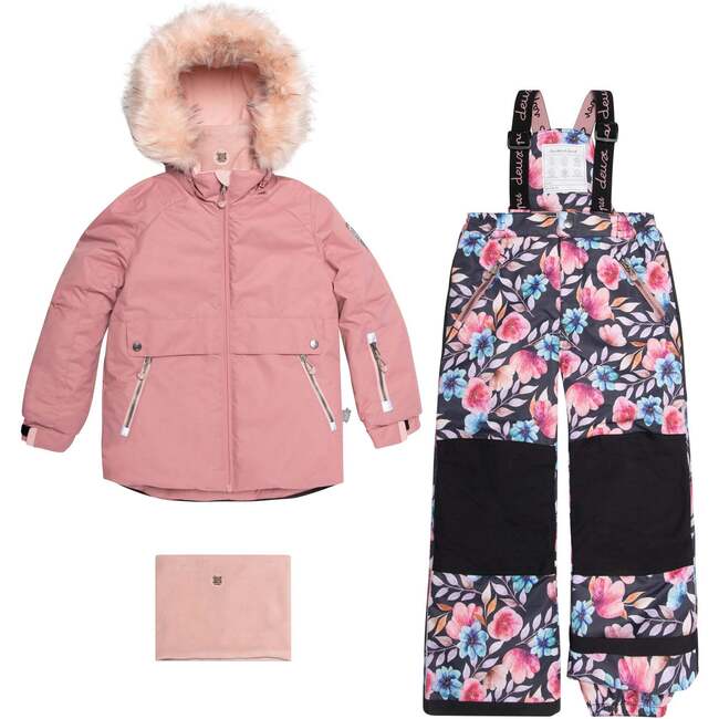 Two Piece Snowsuit Autumn Flower Print, Grey And Dusty Pink