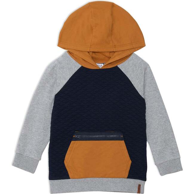 Quilted Hooded Fleece Top With Zipper Pocket, Light Heather Grey Yellow And Navy Blue