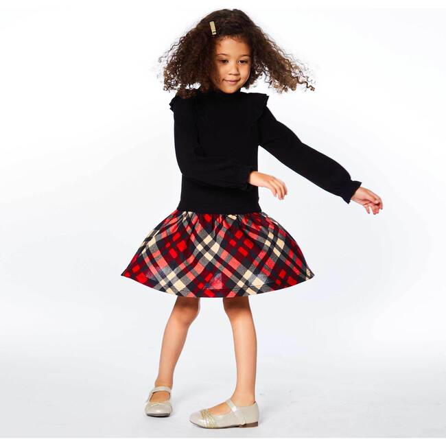 Mock Neck Long Sleeve Dress, Red Black And Beige Plaid
