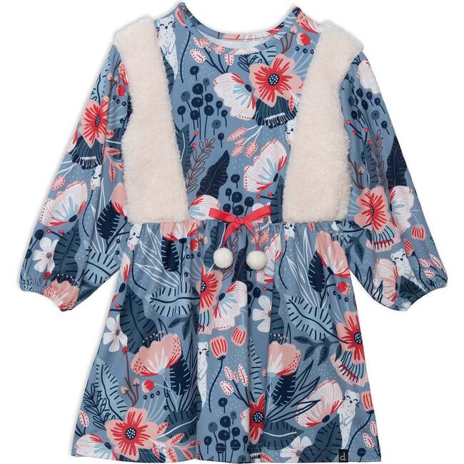 Long Sleeve Dress With Sherpa, Light Blue Light Pink And White With Printed Weasels