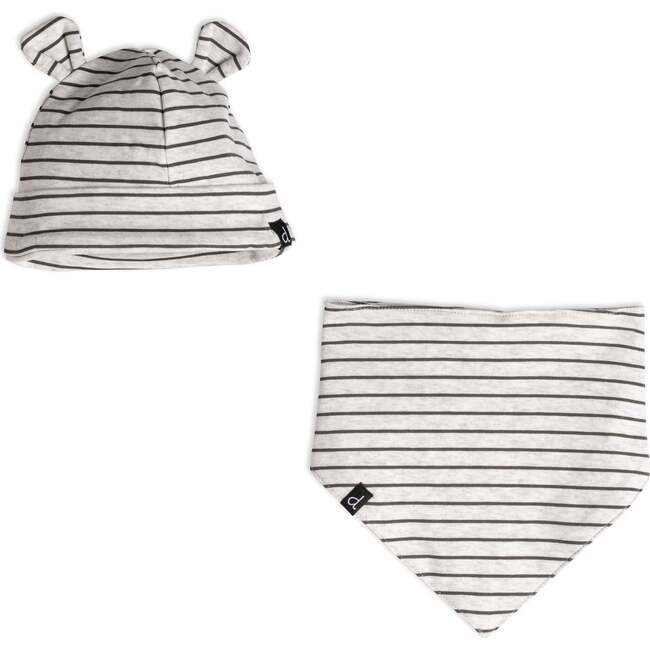 Organic Cotton Hat And Bib Set, Striped Heather Beige And Dark Grey - Hats - 1