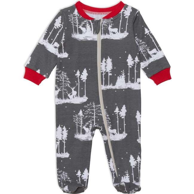 Organic Cotton Christmas Family One Piece Pajama Deer Print, Dark Grey Red With Printed Deers - Pajamas - 1