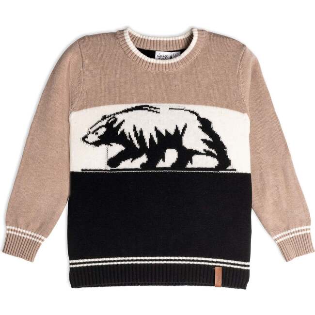 Jacquard Knit Top, Beige Black And White With Bear Print - Sweaters - 1