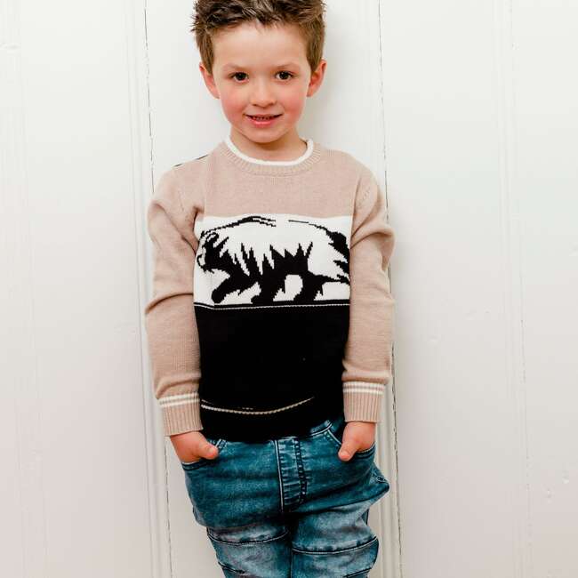 Jacquard Knit Top, Beige Black And White With Bear Print
