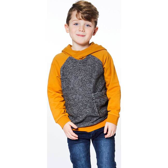 Hooded Fleece Top With Zipper Pocket, Brown And Dark Grey - Sweatshirts - 2